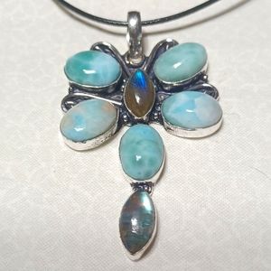 Larimar labradorite pendant necklace handmade silver blue turquoise rainbow gem